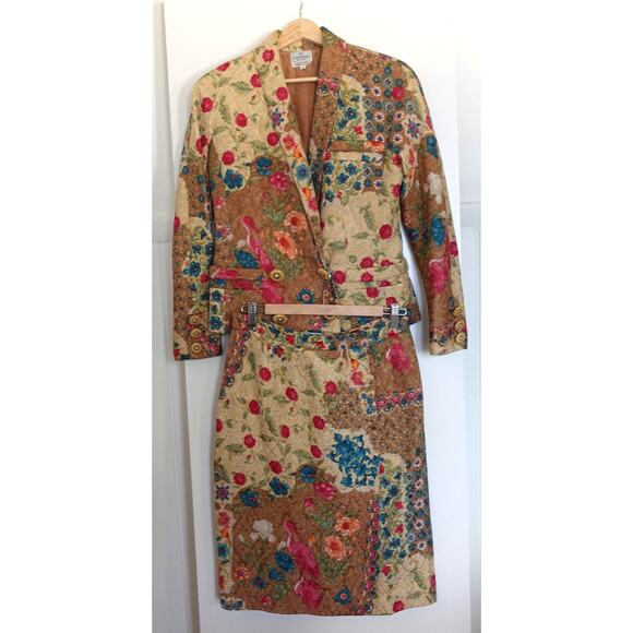 Vintage Valentino Jacket Skirt Suit 8 Silk Jacquard Patchwork Floral Italy Retro - Picture 1 of 15
